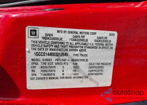 1999 Chevrolet S-10 Ls z USA, uszkodzony, nr VIN 1GCCS1448X8212649